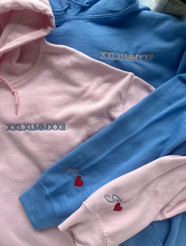 Custom Roman Numerals Date Hoodie with Initials on Sleeves